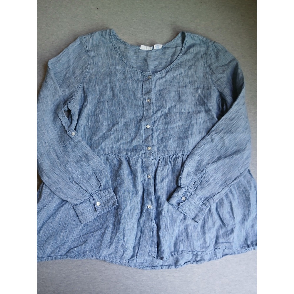 Sigrid Olsen Top Large Linen Button Down Babydoll Preppy Office Work Career